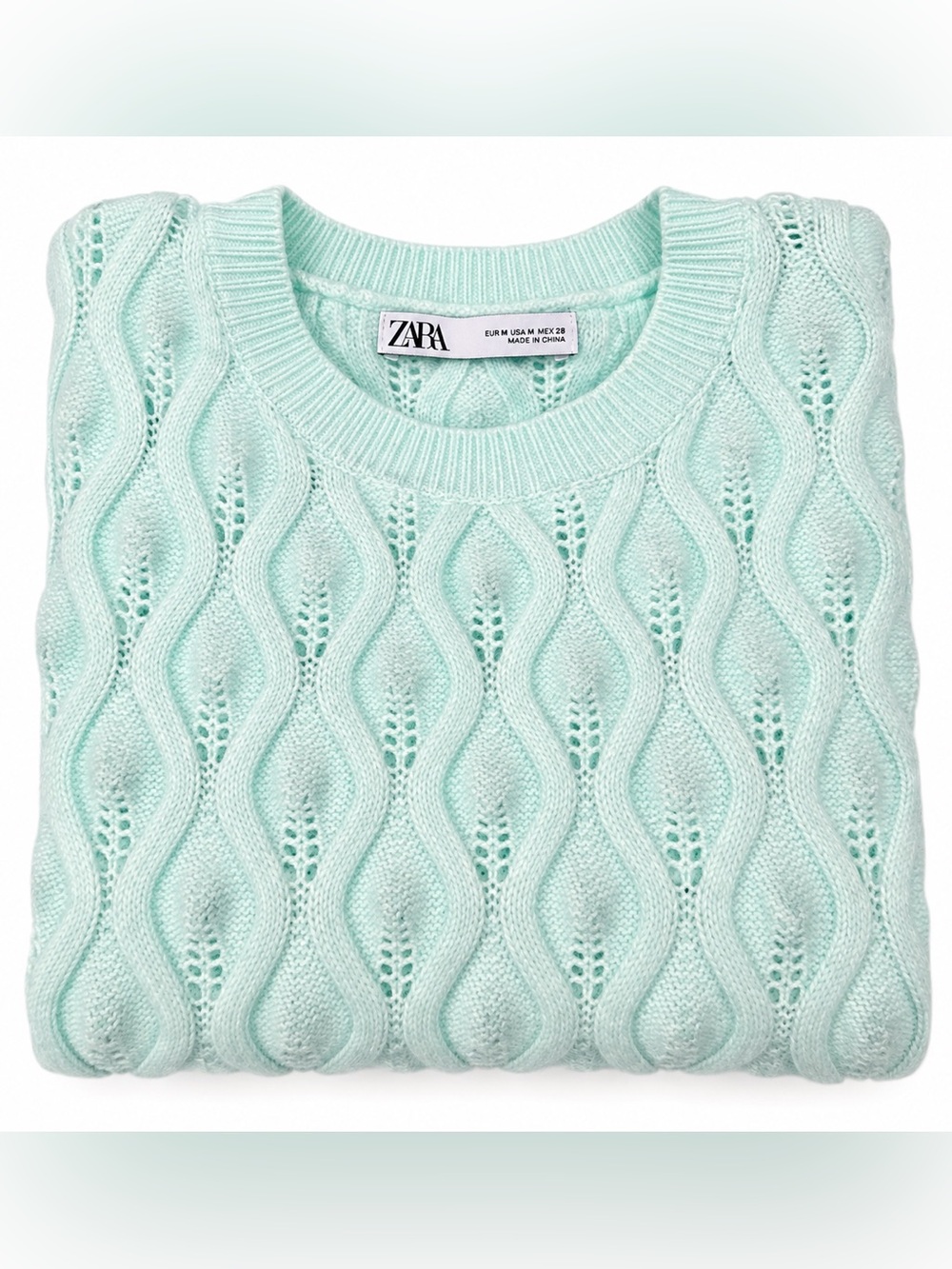Zara Mint Cable-Knit Crew Sweater - Size M